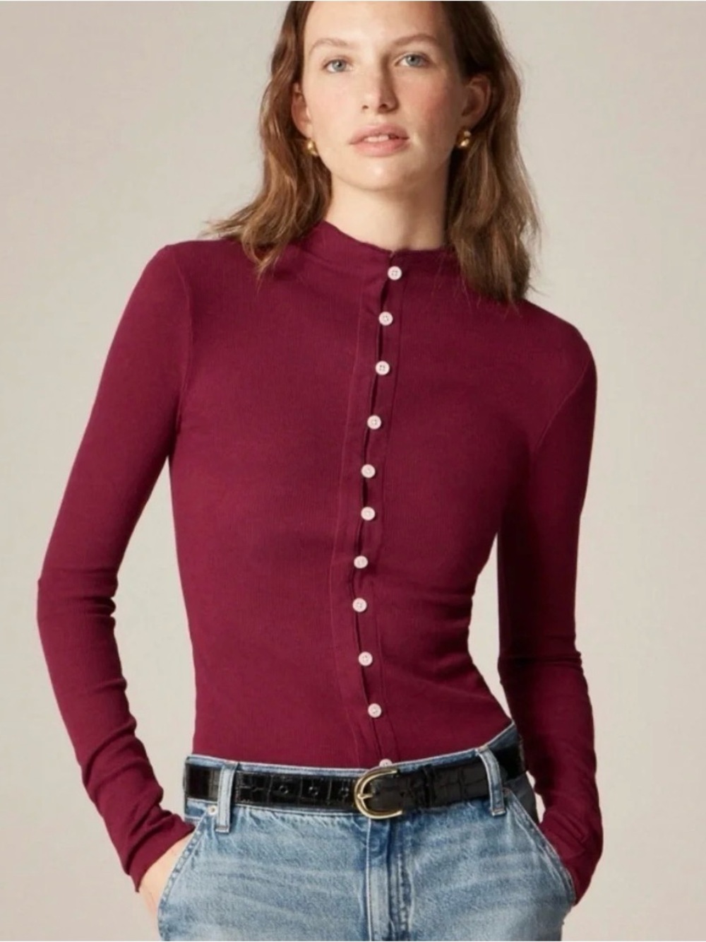 J.Crew Ribbed Mock Neck Button Front Cardigan Top Burgundy L NWT